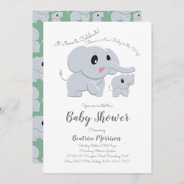 Invitación Elefante Cute Bebé Ducha Verde Género Neutral (Anverso / Reverso)