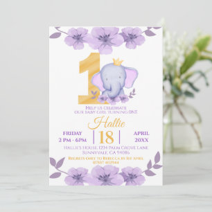 Invitación Elefante Cute Morple Floral Primer cumpleaños