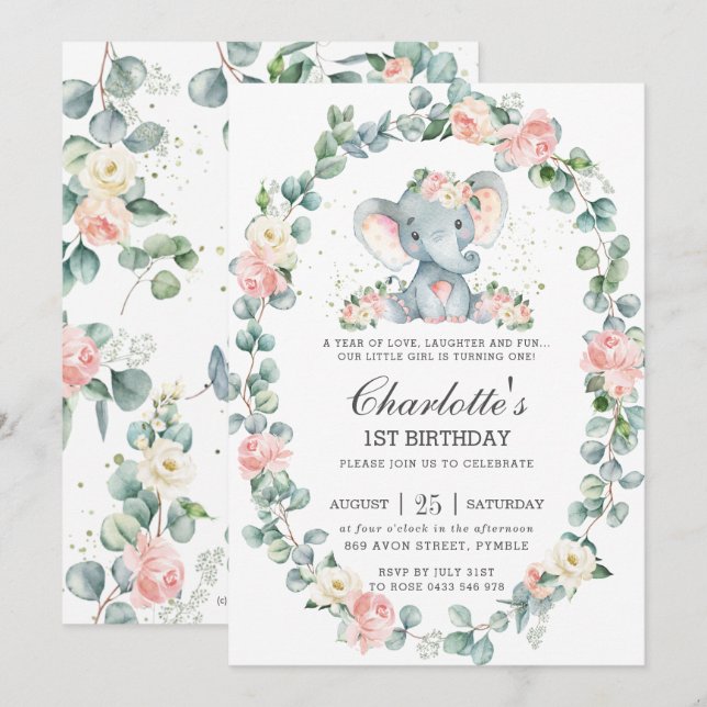 Invitación Elefante Cute Pink Floral Greenery 1er cumpleaños (Anverso / Reverso)
