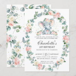 Invitación Elefante Cute Pink Floral Greenery 1er cumpleaños