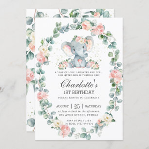 Invitación Elefante Cute Pink Floral Greenery 1er cumpleaños