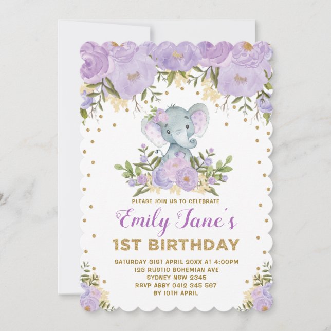 Invitación Elefante Cute Primer Cumpleaños Flores de Oro Mora (Anverso)