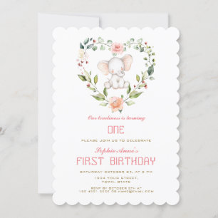 Invitación Elefante Cute Rubor Floral Heart Chica Primer cump