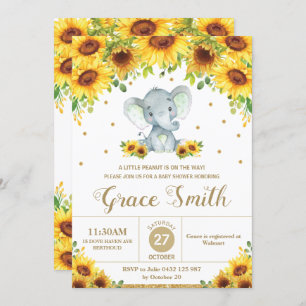 Invitación Elefante Cute Sunflower Floral Neutral Baby Shower