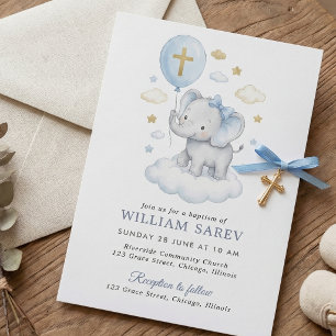 Invitación Elefante de Acuarela Azul Bautismo Cruz y Nubes