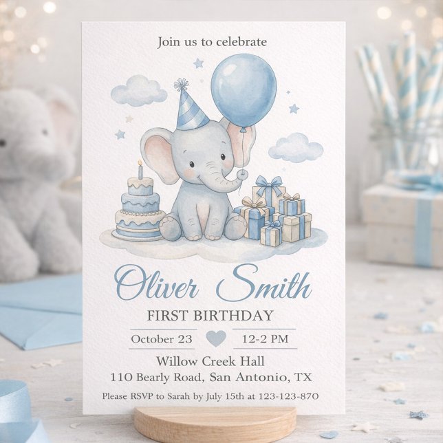 Invitación Elefante de Acuarela Bebé Azul Primer Cumpleaños (Boy First Birthday Invitation with Elephant and Blue Balloon)