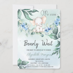 Invitación Elefante de Acuarela Rosas Azules Baby Shower 