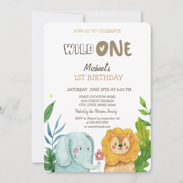 Invitación Elefante de animales salvajes Sale el primer cumpl (Anverso)