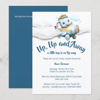 Invitación Elefante de avión bebé ducha niños safari azul