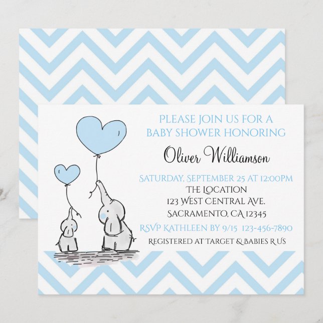 Invitación Elefante de bebé azul Baby Shower con Personalizad (Anverso / Reverso)