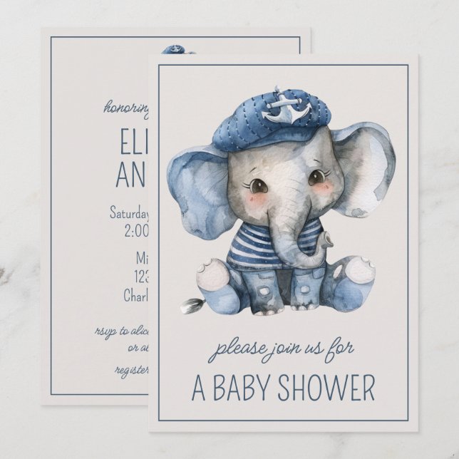 Invitación Elefante de bebé azul natural (Anverso / Reverso)