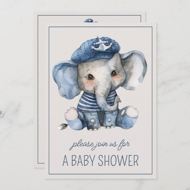 Invitación Elefante de bebé azul náutico lindo personalizado (Anverso / Reverso)