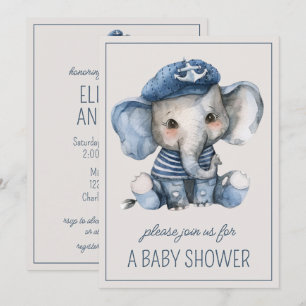 Invitación Elefante de bebé azul náutico lindo personalizado