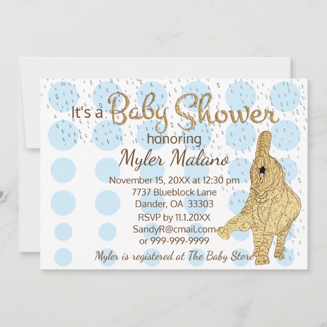 Invitación Elefante de bebé blanco azul de oro de Baby Shower (Anverso)