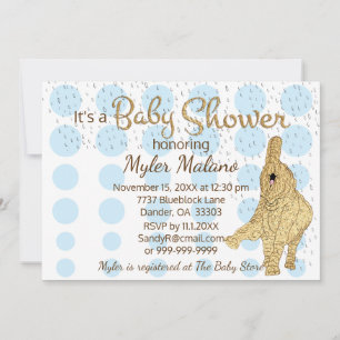 Invitación Elefante de bebé blanco azul de oro de Baby Shower