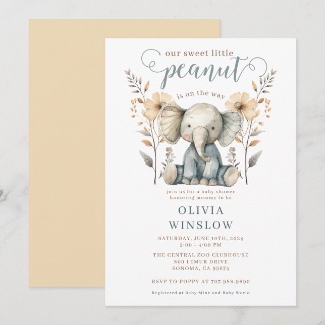 Invitación Elefante de bebé de cacahuete azul Baby Shower (Anverso / Reverso)
