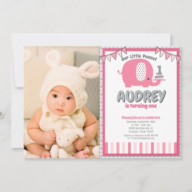 Invitación Elefante de bebé gris rosado moderno (Anverso)