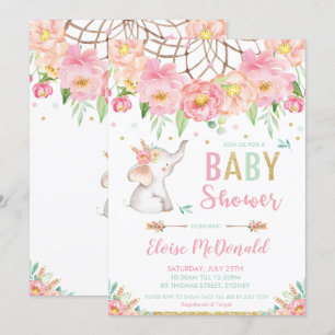 Invitación Elefante de Boho Chica Baby Shower