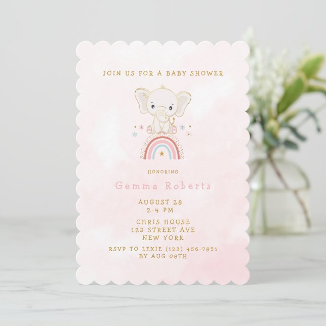 Invitación Elefante De Boho Sentado En Baby Shower, Chica Del (Anverso de pie)