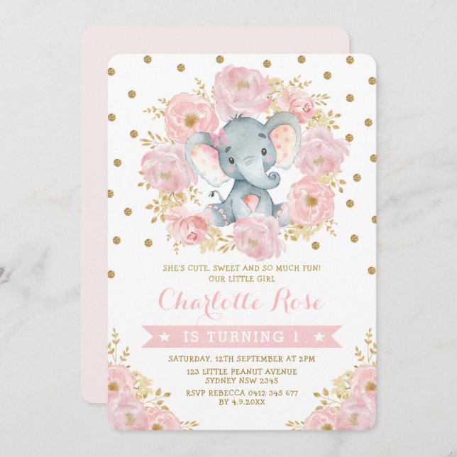 Invitación Elefante de bonito Rosa y Oro Selva de cumpleaños  (Anverso / Reverso)