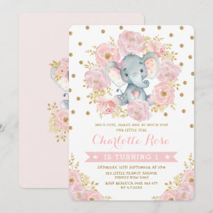 Invitación Elefante de bonito Rosa y Oro Selva de cumpleaños 