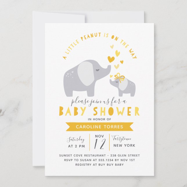 Invitación Elefante de cacahuate pequeño | BABY SHOWER | Amar (Anverso)
