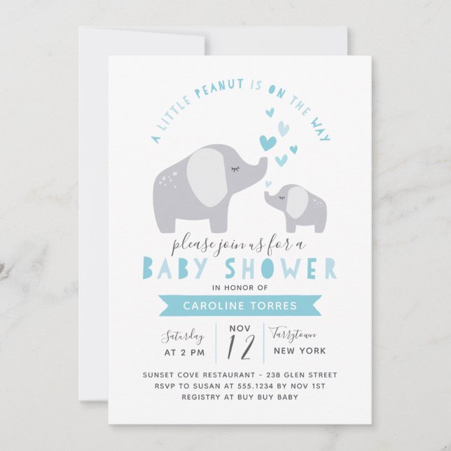 Invitación Elefante de cacahuate pequeño | BABY SHOWER | Azul (Anverso)