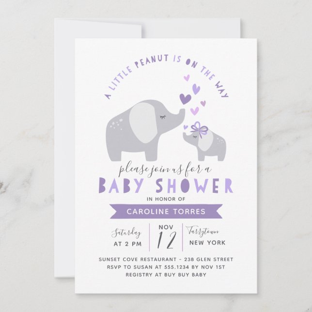 Invitación Elefante de cacahuate pequeño | BABY SHOWER | Púrp (Anverso)