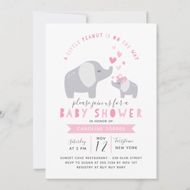 Invitación Elefante de cacahuate pequeño | BABY SHOWER | Rosa (Anverso)