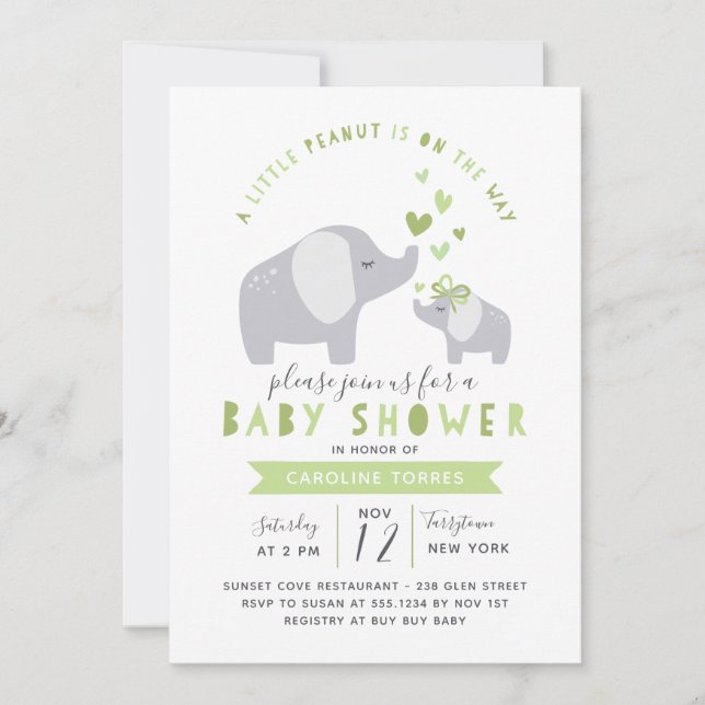 Invitación Elefante de cacahuate pequeño | BABY SHOWER | Verd (Anverso)