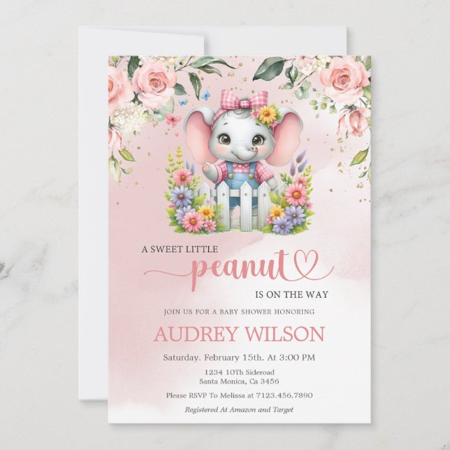 Invitación Elefante de cacahuate pequeño con flores rosadas (Anverso)