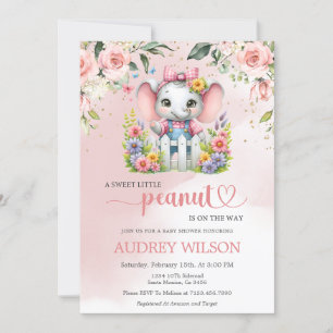 Invitación Elefante de cacahuate pequeño con flores rosadas