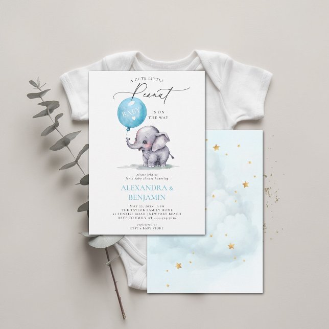 Invitación Elefante de cacahuete pequeño acuarela bebé ducha (little peanut baby shower invitation elephant balloon watercolor coed couple modern elegant chic)