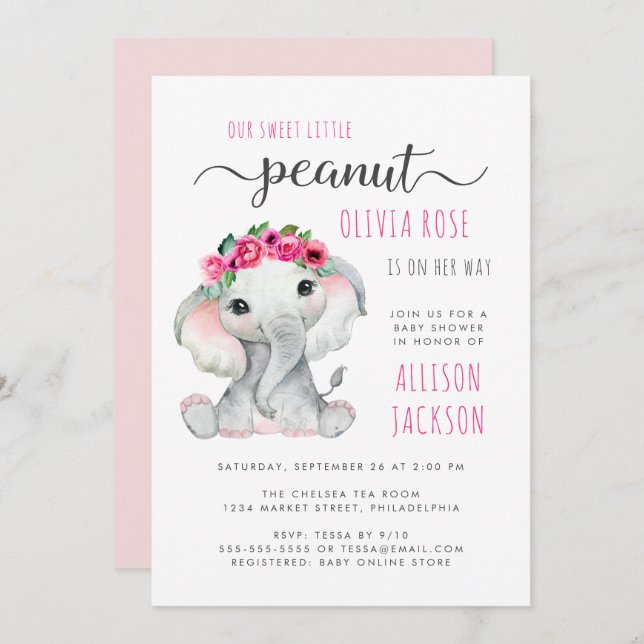 Invitación Elefante de cacahuete pequeño acuarela niña ducha (Anverso / Reverso)