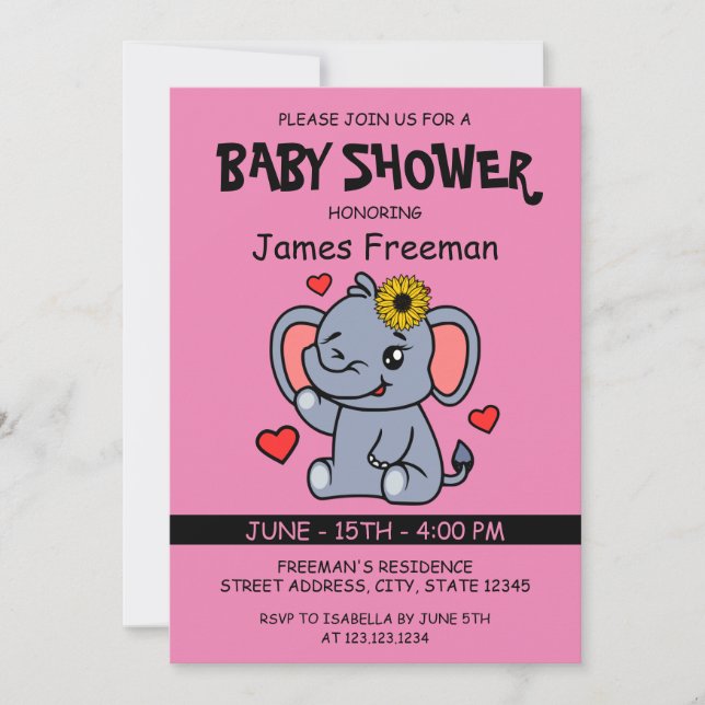 Invitación Elefante de Chica de vectores rosados lindo Baby S (Anverso)