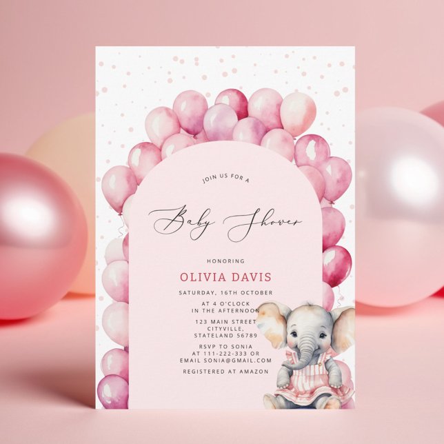 Invitación Elefante de Chica rosa y Baby Shower en globo (Subido por el creador)