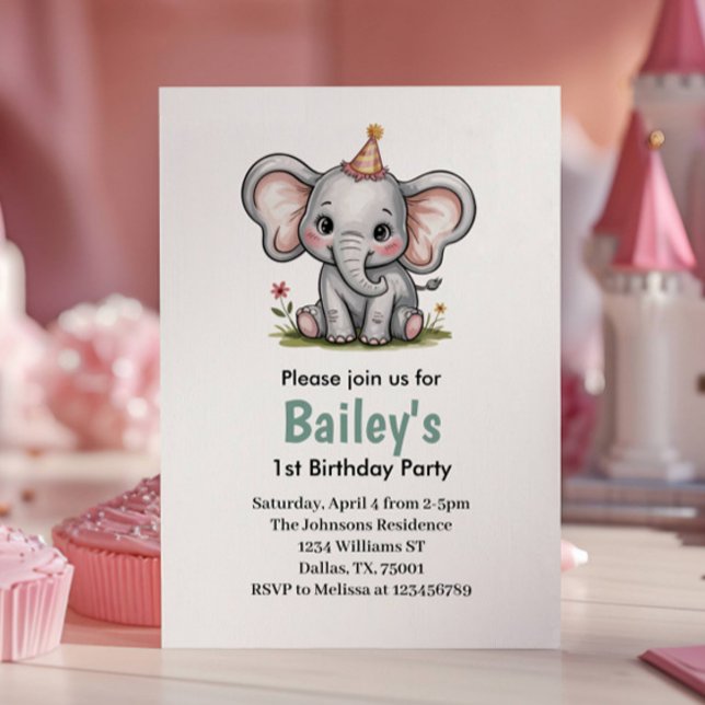 Invitación Elefante de Chicas rosados lindo Primer Fiesta de  (Subido por el creador)