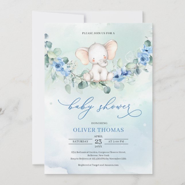 Invitación elefante de chico lindo Flores azul turbias Eucali (Anverso)