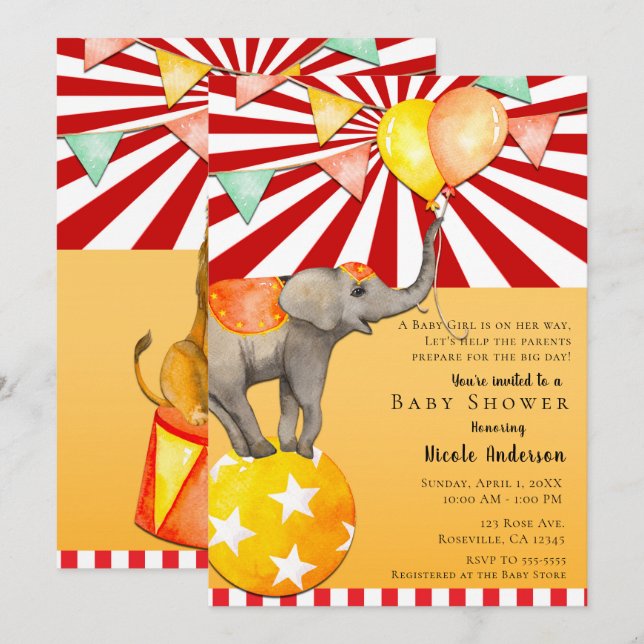 Invitación Elefante de Circo en Bola Fiesta de Cumpleaños par (Anverso / Reverso)