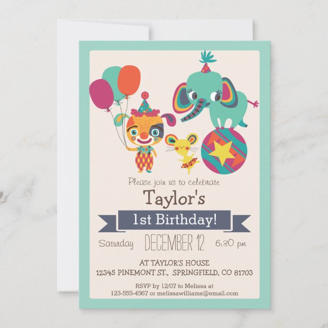 Invitación Elefante de circo lindo, fiesta de cumpleaños de u (Anverso)
