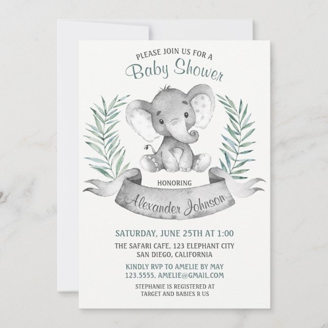 Invitación Elefante de color agua Baby Shower (Anverso)