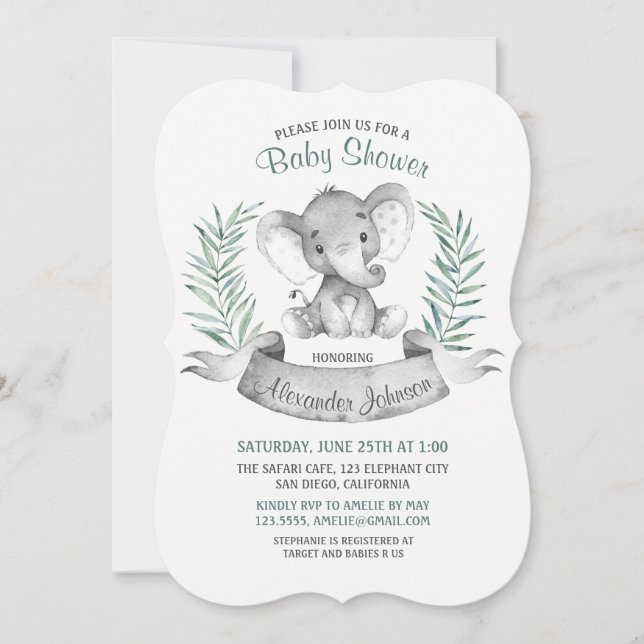 Invitación Elefante de color agua Baby Shower (Anverso)