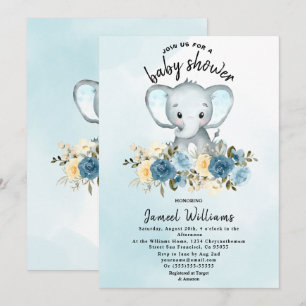 Invitación Elefante de color agua Rosa de bebé azul amarillo 