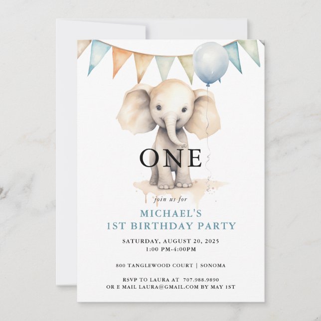Invitación Elefante de color de agua azul primer cumpleaños (Anverso)