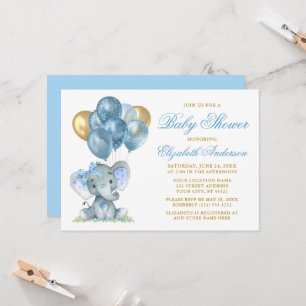 Invitación Elefante de color de agua Bow globos Ducha Azul Or