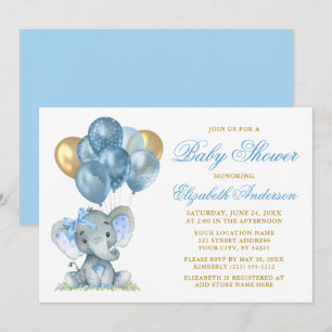 Invitación Elefante de color de agua Bow globos Ducha Azul Or
