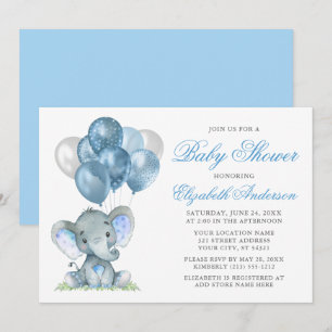 Invitación Elefante de color de agua Globos Baby Shower Azul