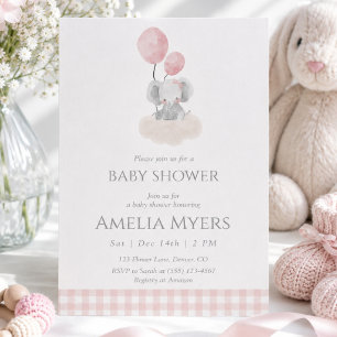 Invitación Elefante de cuadros rosado en la nube Baby Shower
