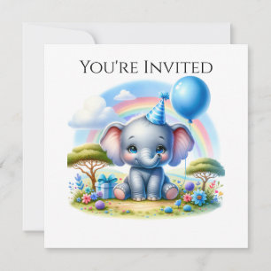Invitación Elefante de Cumpleaños Adorable en Gorra Fiesta Az