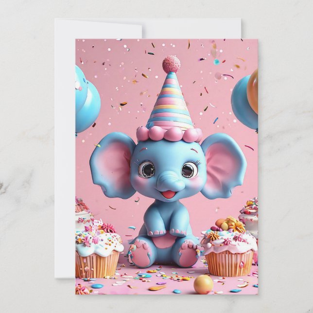 Invitación Elefante de cumpleaños con pastel y globos (Anverso)